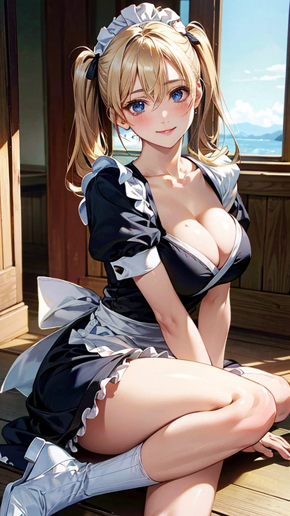 (masterpiece:1.3, Highest quality, Ultra-high resolution, Very detailed), (Realistic, photoRealistic:1.4), Beautiful illustrations, Perfect lighting, Natural light, colorful, Written boundary depth, NFSW,
View your viewers, 1 Girl, Japanese, high school girl, Perfect Face, Cute and symmetrical face, Shiny skin, Sunburned skin,
(Twin tails:1.5, Blonde), Hair between the eyes, blue eyes, (Large Breasts, seductive Thighs, Big Ass), Thighs, sum,
Beautiful Hair, Beautiful Face, Beautiful attention to detail, Beautiful clavicle, Beautiful body, Beautiful breasts, 美しいThighs, Beautiful feet, Beautiful fingers,
(Beautiful views), (Maid clothes), (Captivating smile,)