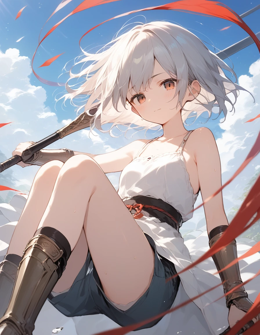 score_9, score_8_up, score_7_up, source_anime, best quality, masterpiece, official art, absurdres, highres, ultra-detailed,waifu2x,Collection: Slice of Life,break,1girl, knight, pale-skinned female, short hair, small breasts, beautiful detailed eyes, short shorts, sweat, closed mouth, clear face, battoujutsu stance,weapon, outdoors, wind,break,(clear line illustration:1.2), super detailed skin,very high resolution, very aesthetic, Best sexual lighting powered by famous artist, 8k,cute picture,beauty illustration,photoshop_(medium),,(Detailed Lighting),best anime 8k konachan wallpaper, pixiv contest winner, 