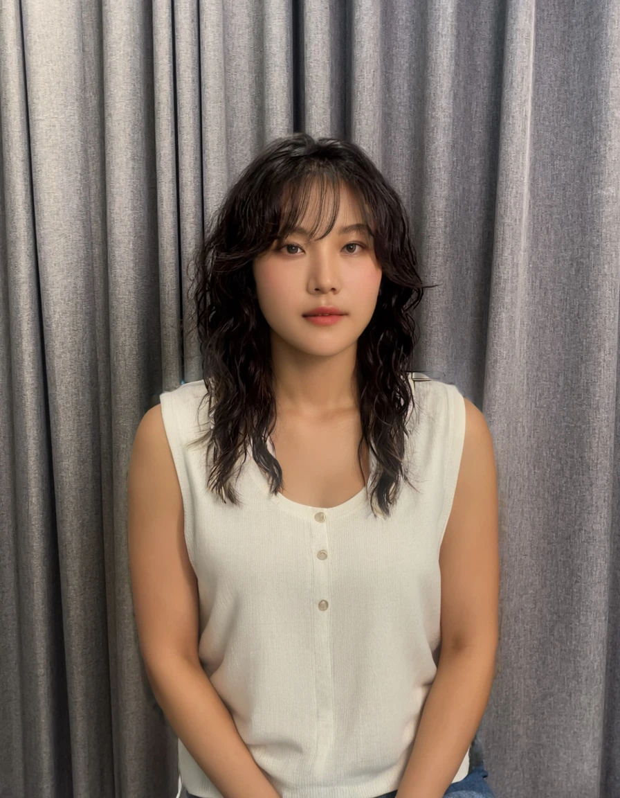 Best Quality, 8k, Masterpiece, (Portrait: 1.3), (photo realistic:1.4), (hyper realistic:1.4), Sharp Focus, looking at viewer, (smoother lighting:1.1), (increase cinematic lighting quality:0.9), realistic lighting, backlighting, light on face, ray trace, (brightening light:1.2), (Increase quality:1.4), sharp detail, (best quality real texture skin:1.4), finely detailed eyes, black_eyes, finely detailed face, 25 year old Korean woman, (white crop-top:1.4), (Create an image maintaining the original base model hairstyle:1.5)