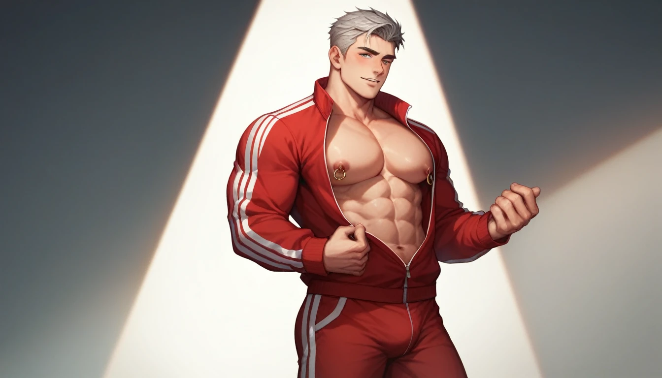 best quality, masterpiece, extremely detailed, solo, close up of muscular bodybuilder man's torso, hands hold open red tracksuit jacket, "700" label on his jacket, exposed chest, left nipple ring, big plain silver medal hang from his neck, tracksuit pants lowered to hips, hips exposed, no background, gay, homoerotic, ambient lighting, extremely dramatic shadows, perfection, no watermark, no logo, no signature