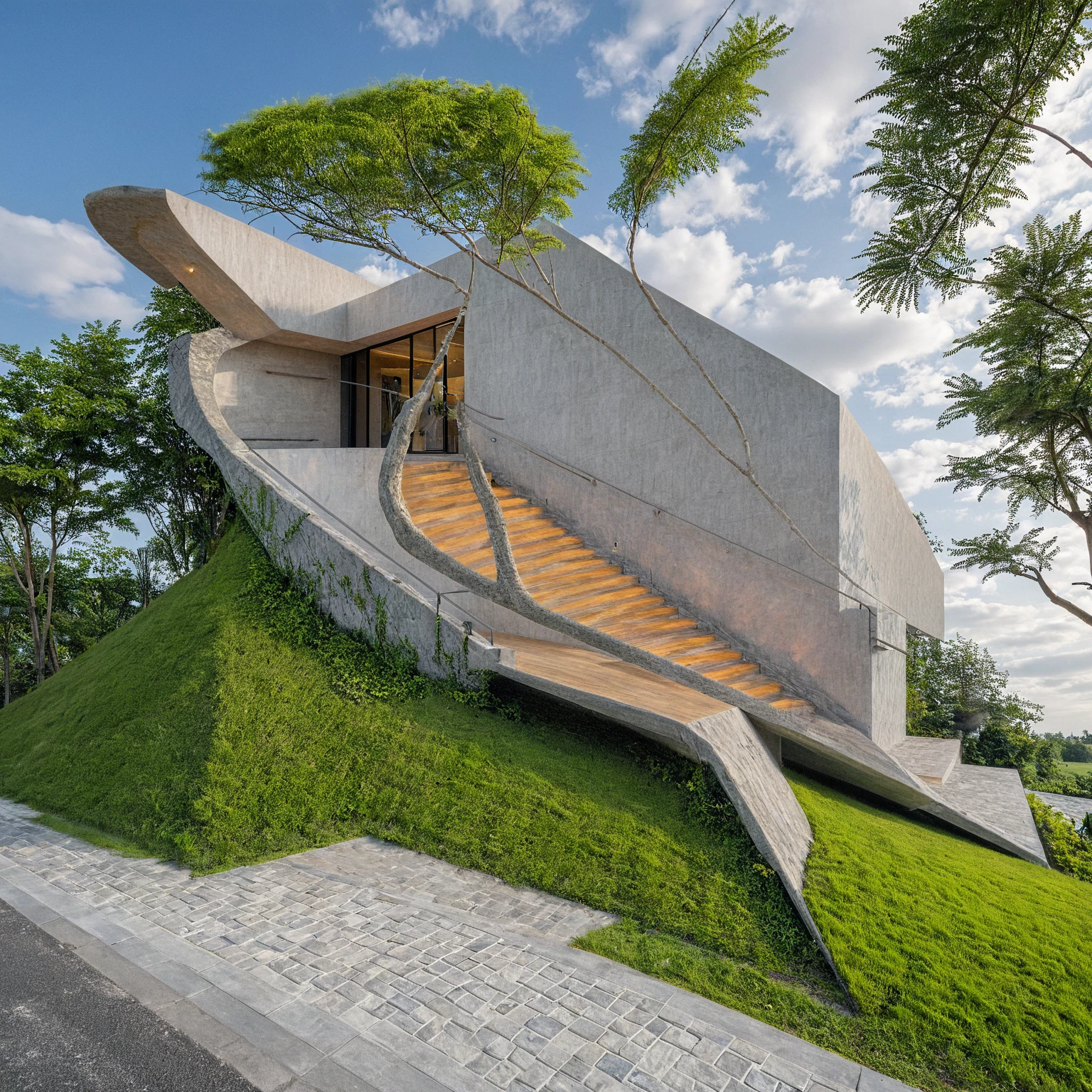 Masterpiece, high quality, best quality, authentic, super detail, outdoors, onestoreyvillaXL, aiaigroup, house style modern on the street ,stairs, white wall ,road,pavement, grass, trees, sky, cloud, (daylight:1.1)
