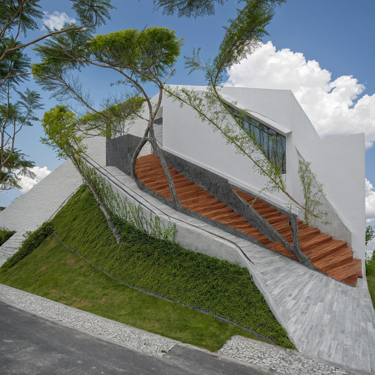 Masterpiece, high quality, best quality, authentic, super detail, outdoors, onestoreyvillaXL, aiaigroup, house style modern on the street ,stairs, white wall ,road,pavement, grass, trees, sky, cloud, (daylight:1.1)