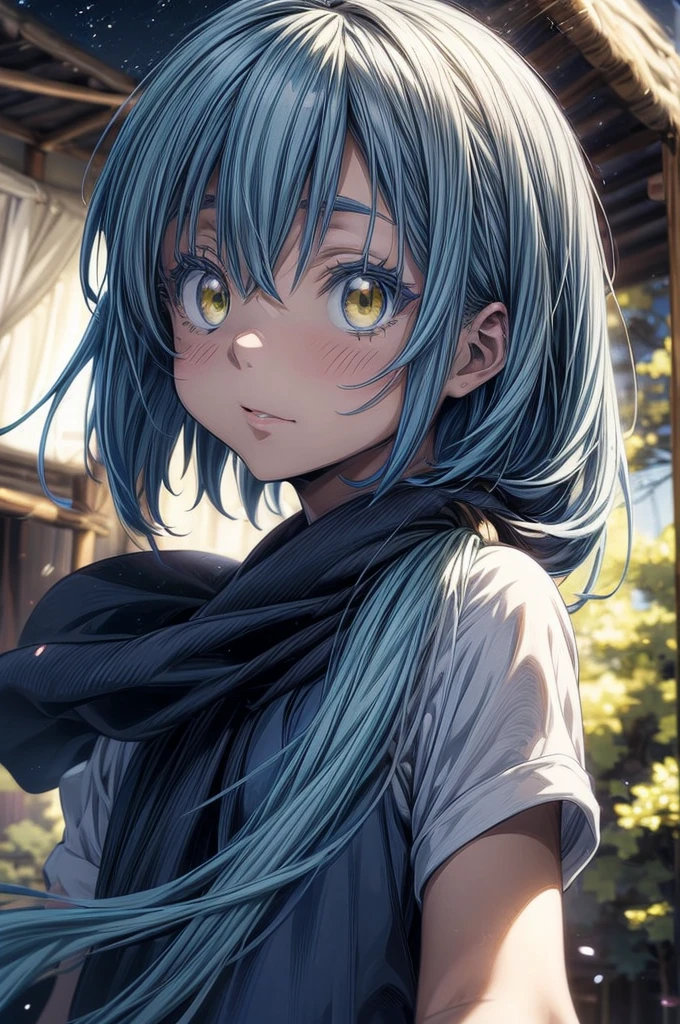 masterpiece, best quality, extremely detailed CG unity 8k wallpaper, Digital art of Rimuru Tempest from the anime TenSura, Cute Boys, long blue hair, Big eyes, Yellow Eyes, Blue lashes, Navy blue clothes, White scarf, The background is the prairie, Lens flare, Cinema lighting