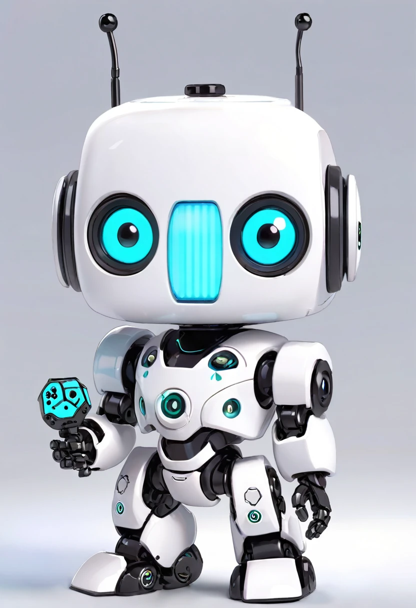 (((Dice-themed robot))), 3D Rendering, Jongsuk Lee, Digital Art, Adorable glowing creatures, Nendoroid-like style, Futuristic Gear Shiny White Armor、A cute robot、Big eyes、antenna、Electronic display panel on chest、Holding the microphone close to his mouth while speaking、((whole body、Background is white))、Are standing