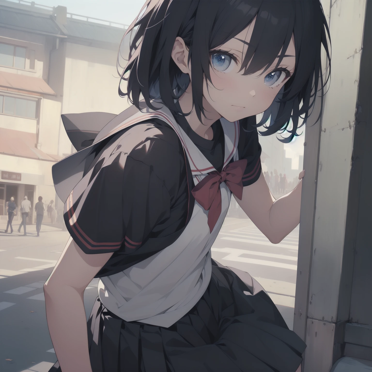 ultra-absurdres-Top quality by artist God, ultra-detailed, high resolution, anime moe artstyle, best anime 8k konachan wallpaper, pixiv contest winner, pool:2810, perfect anatomy,break, 1girl, (Please draw a girl walking sleepily to school alone. )break,(Solo,little female, 13-year-old:1.3),Full limbs, complete fingers,a junior high school student, (very short hair), short cut, flat chest, , small butt, small black eyes, beautiful detailed eyes, well-proportioned iris and pupils, expressive eyes, highres detailed hair, soft expression, salor school_uniform, sailor collar, serahuku, bow, pleated skirt,(Detailed Lighting), (Detailed background), in the School commute route. break,super detailed skin, Best cinematic lighting powered by famous artist, 8k,beauty illustration,photoshop_(medium),very aesthetic,break,((artist:yuuhagi_(amaretto-no-natsu) )), artist:clamp ,artist:carnelian ,artist:kantoku ,
