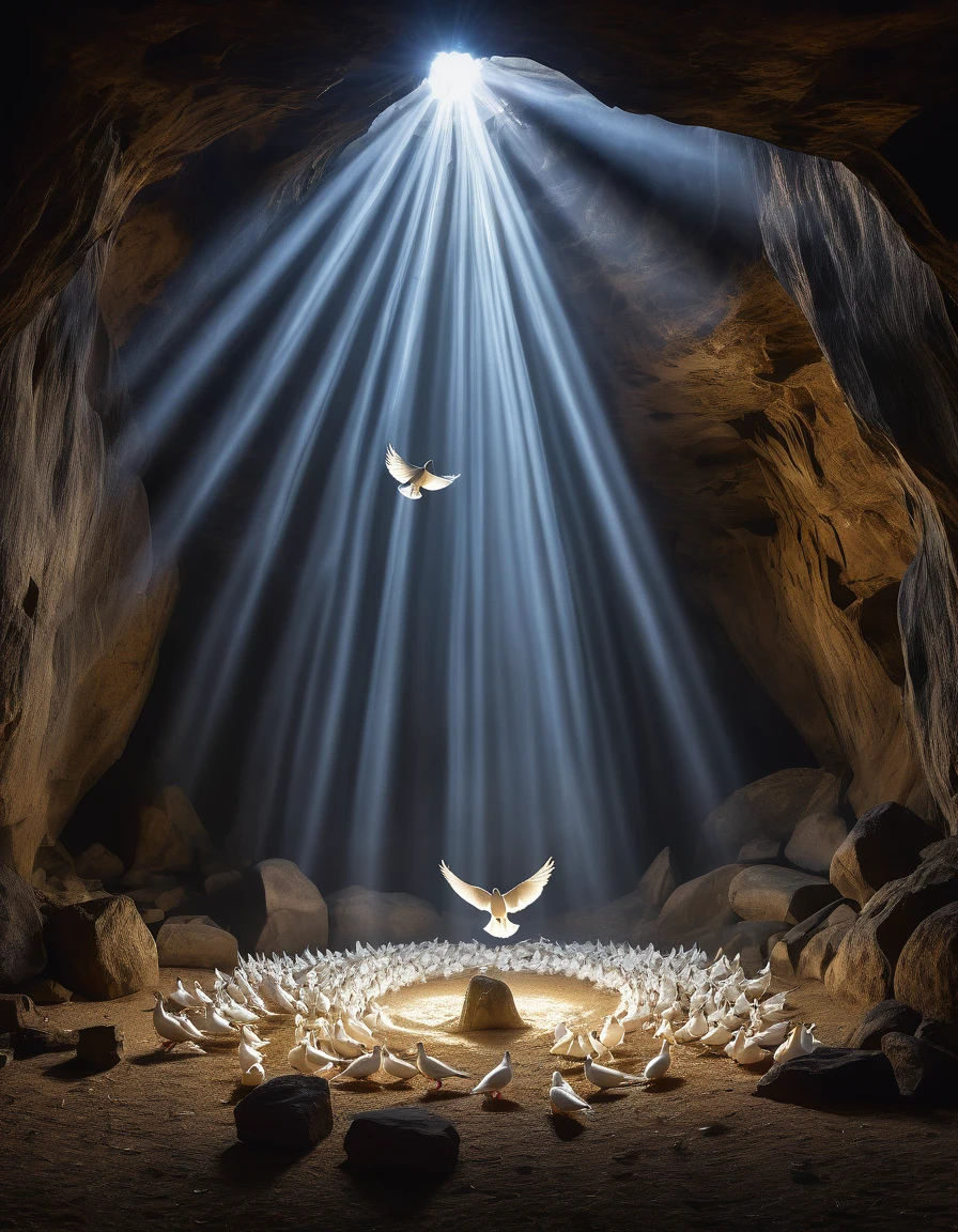 "An ethereal scene featuring a dark cavern illuminated by a single beam of light shining from above. In the center of the light beam, a few white doves are gracefully flying upwards, symbolizing freedom and peace. At the base of the light, broken chains and shackles lie on the ground, suggesting liberation from captivity. The surrounding cave walls are rugged and dark, contrasting with the serene and hopeful ambiance created by the light and doves."