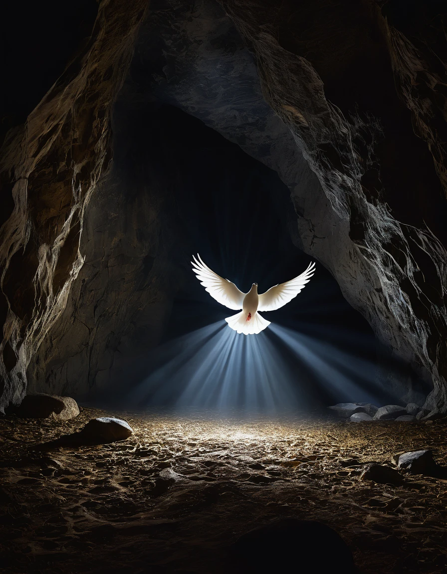 "An ethereal scene featuring a dark cavern illuminated by a single beam of light shining from above. In the center of the light beam, a few white doves are gracefully flying upwards, symbolizing freedom and peace. At the base of the light, broken chains and shackles lie on the ground, suggesting liberation from captivity. The surrounding cave walls are rugged and dark, contrasting with the serene and hopeful ambiance created by the light and doves."