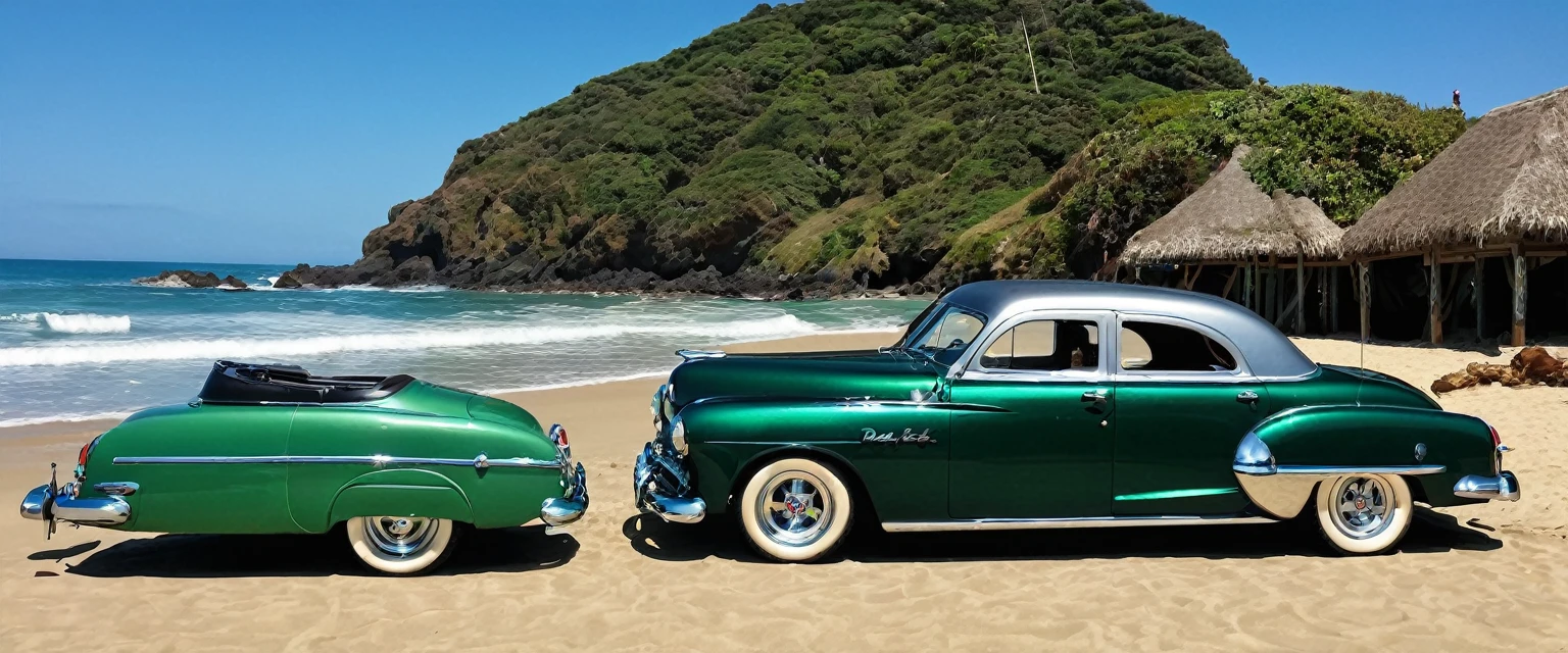 ((A realistic photo of a 1952 Dodge Kingsway Custom)),British Racing Green color with chrome mag wheels, parked at a surf beach on a summers day, best quality, very hi definition, 8k, Surfboards and bikini Girls standing next to the car