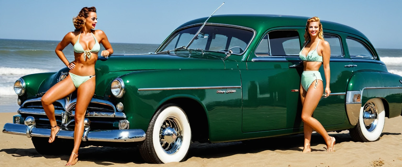 ((A realistic photo of a 1952 Dodge Kingsway Custom)),British Racing Green color with chrome mag wheels, parked at a surf beach on a summers day, best quality, very hi definition, 8k, Surfboards and bikini Girls standing next to the car