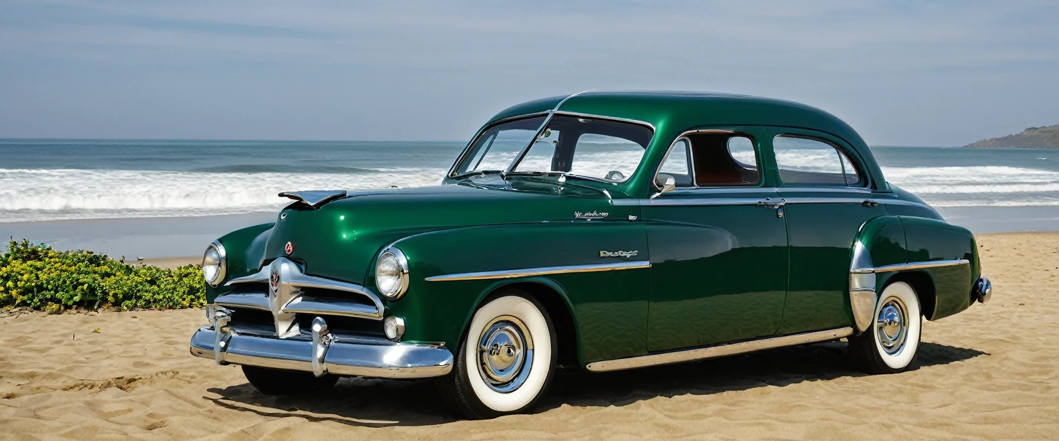 ((A realistic photo of a 1952 Dodge Kingsway Custom)),British Racing Green color with chrome mag wheels, parked at a surf beach on a summers day, best quality, very hi definition, 8k, Surfboards and bikini Girls standing next to the car