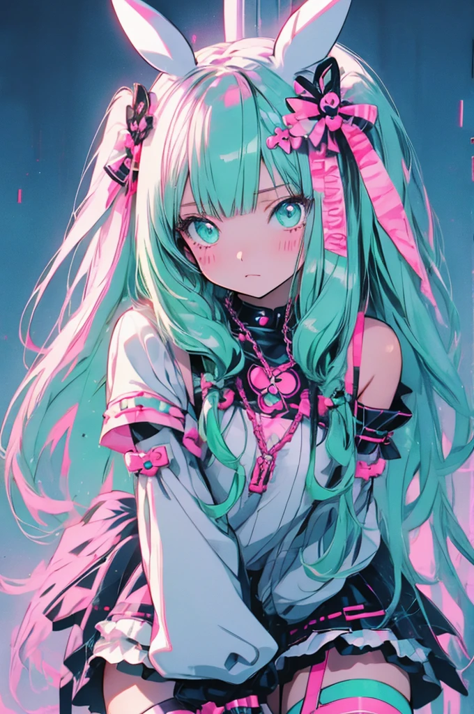 RAW Photos, Realistic, Ultra-realistic, cute anime girl, pastel goth, bunny ears, bright pink and mint green mesh hair, white harajuku gothloli outfit, pink accessories, angel halo, holding chains, striped stockings, kawaii horror, vibrant colors, detailed vector art, playful and creepy, speech bubbles, organized chaos, Highest quality, masterpiece, Ultra-high resolution, 8K