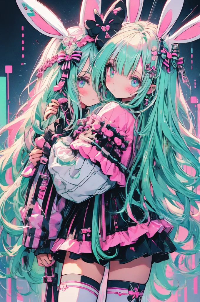 RAW Photos, Realistic, Ultra-realistic, cute anime girl, pastel goth, bunny ears, bright pink and mint green mesh hair, white harajuku gothloli outfit, pink accessories, angel halo, holding chains, striped stockings, kawaii horror, vibrant colors, detailed vector art, playful and creepy, speech bubbles, organized chaos, Highest quality, masterpiece, Ultra-high resolution, 8K