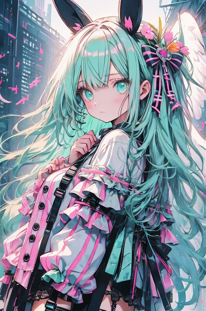 RAW Photos, Realistic, Ultra-realistic, cute anime girl, pastel goth, bunny ears, bright pink and mint green mesh hair, white harajuku gothloli outfit, pink accessories, angel halo, holding chains, striped stockings, kawaii horror, vibrant colors, detailed vector art, playful and creepy, speech bubbles, organized chaos, Highest quality, masterpiece, Ultra-high resolution, 8K