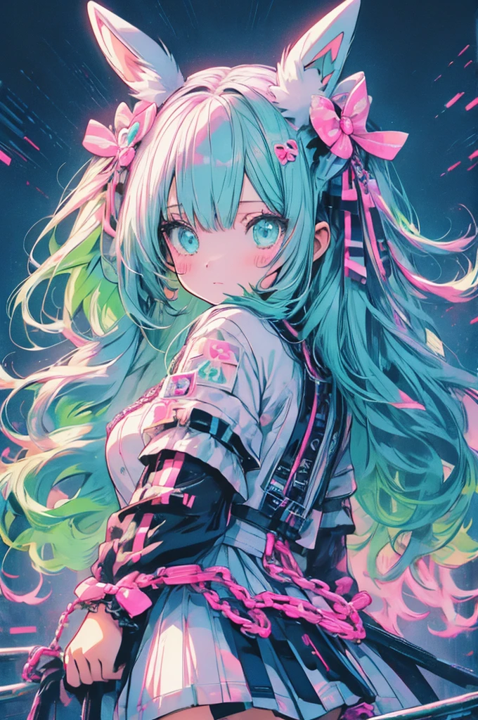 RAW Photos, Realistic, Ultra-realistic, cute anime girl, pastel goth, bunny ears, bright pink and mint green mesh hair, white harajuku gothloli outfit, pink accessories, angel halo, holding chains, striped stockings, kawaii horror, vibrant colors, detailed vector art, playful and creepy, speech bubbles, organized chaos, Highest quality, masterpiece, Ultra-high resolution, 8K