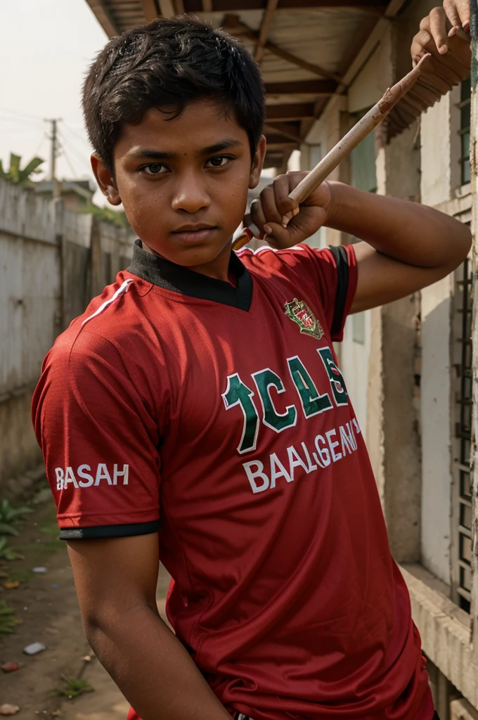 A 15 year boy wearing Bangladeshi jersey.with the stick on his lift hand and the background is full of red blood of bang