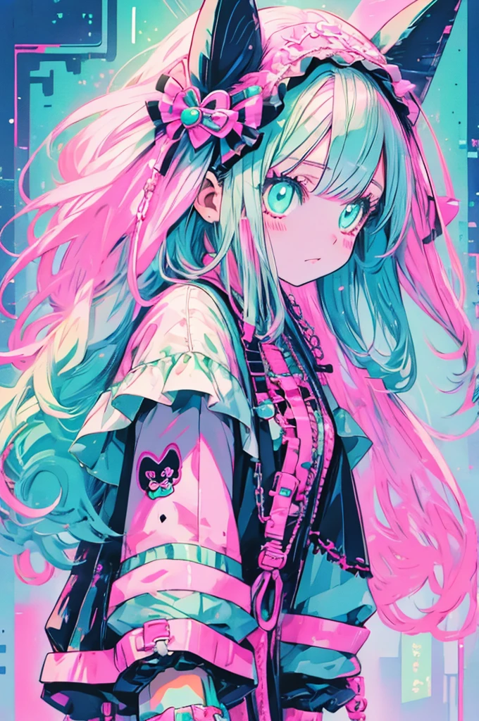 cute anime girl, pastel goth, bunny ears, bright pink and mint green mesh hair, white harajuku gothloli outfit, pink accessories, angel halo, holding chains, striped stockings, kawaii horror, vibrant colors, detailed vector art, playful and creepy, speech bubbles, organized chaos