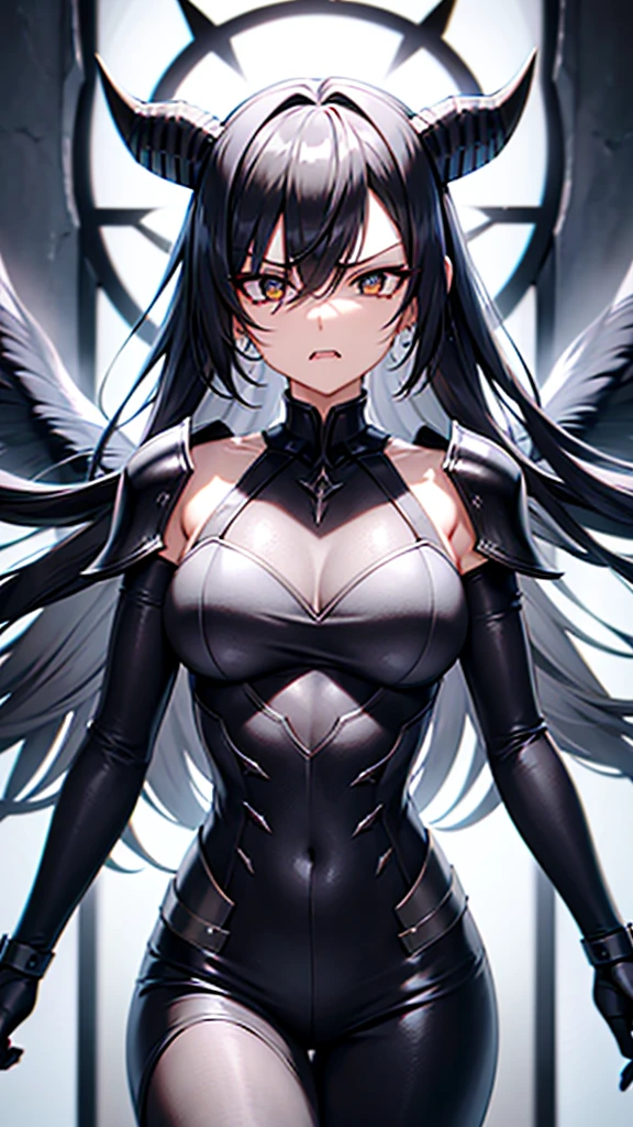 masterpiece, high quality, 4K, HDR, valkyrie armor knight, black halo above head, black horns on head, large black tail, large black wings on back, Silver hair, intake hairstyle, blunt bangs, long hair, crimson eyes, narrowed eyes, sharp teeth, slightly pointed ears, displeased expression, slightly open mouth, low angle, full body, athletic, toned body, medium breasts