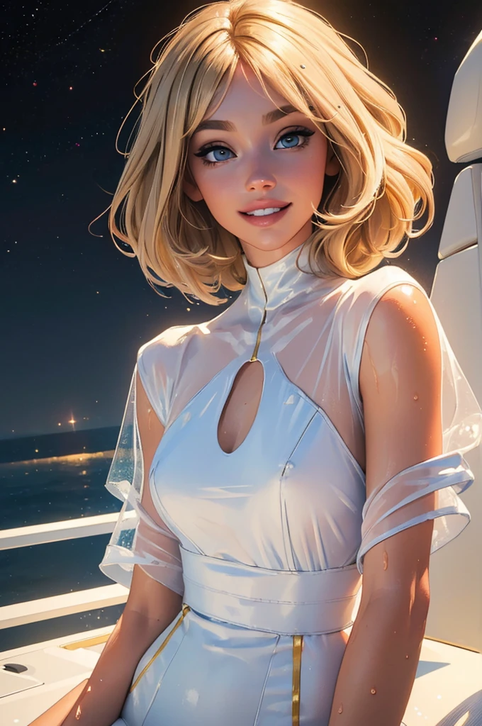 ((((masterpiece, best quality, high resolution)))), Extremely detailed 8K, Beautiful girl with slender body, e-girl, (Ultra HD, Ultra-detailed, Highly detailed, Highly realistic, Ultra-realistic, photograph realistic), (1girl:1.5), (Realistic blonde hair with dark roots), wavy hair, boho bob cut,(dark makeup, pink eyeshadow), facing at camera, light smile, (white and gold outfit, see through clothes, wet skin, transparent). (space cruise), coy grin