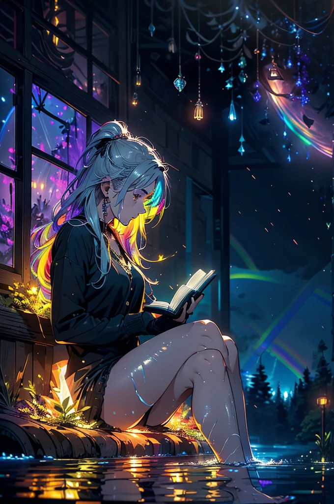 Beautiful woman in profile, Sitting, Crossing your legs,Beautiful Eyes, Gray Hair, Long sideburns, Gray Hair, bluish eyes, (((Bare feet in water, Reading a book with black pages, Glowing letters coming out of a book))), Neon flowers and fireflies glowing in the black forest and darkness, {Highly detailed 16K CG unit wallpaper}, Vast landscape photography, (A low-key perspective that focuses on characters and settings), (Wide field view), ( Low angle photo), (highlight: 1.2), (Low Light: 1.7), (Warm light source: 1.2), Intricate details, (Rainbow colors: 1.5), (Bright lighting), (Atmospheric lighting),(Beautiful composition)(colorful),(Anatomically correct)