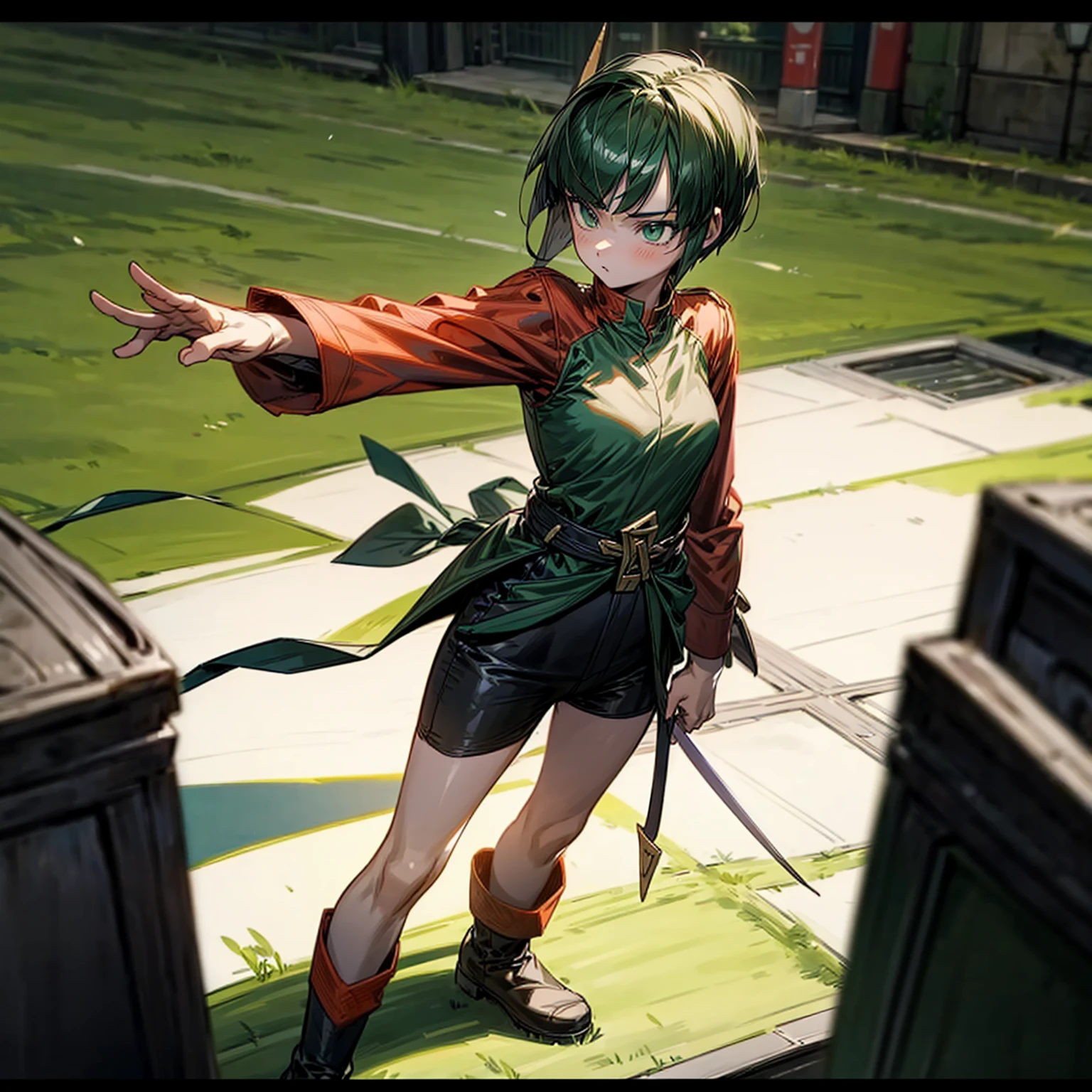 1girl, Full body version, 1character, green eyes, short haircut, green color hair, soldier style clothing, red colour clothing, boots, Grassroots, background street city, motion blur, (detective conan style art), standing gesture, sword in hand 