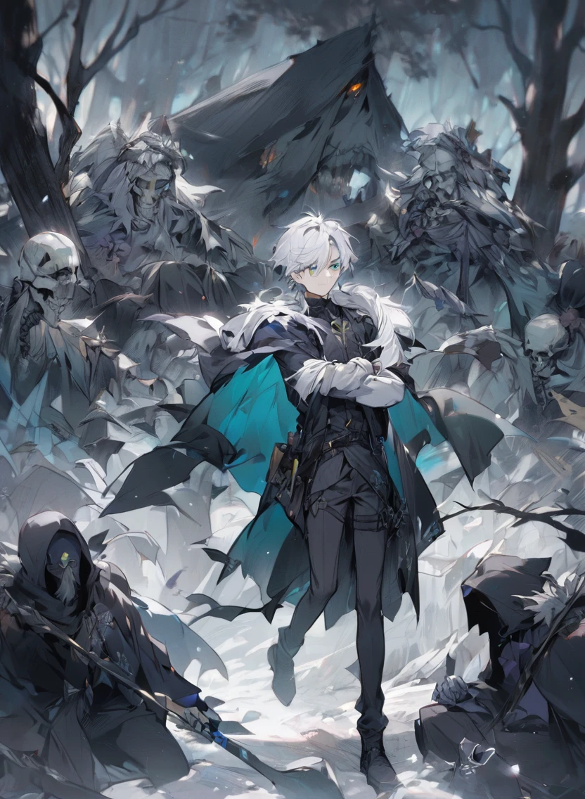 young man ,Male Dark, dark Woods, cold colors, man white hair with blue eye, Warlock dnd , Skeleton army in background