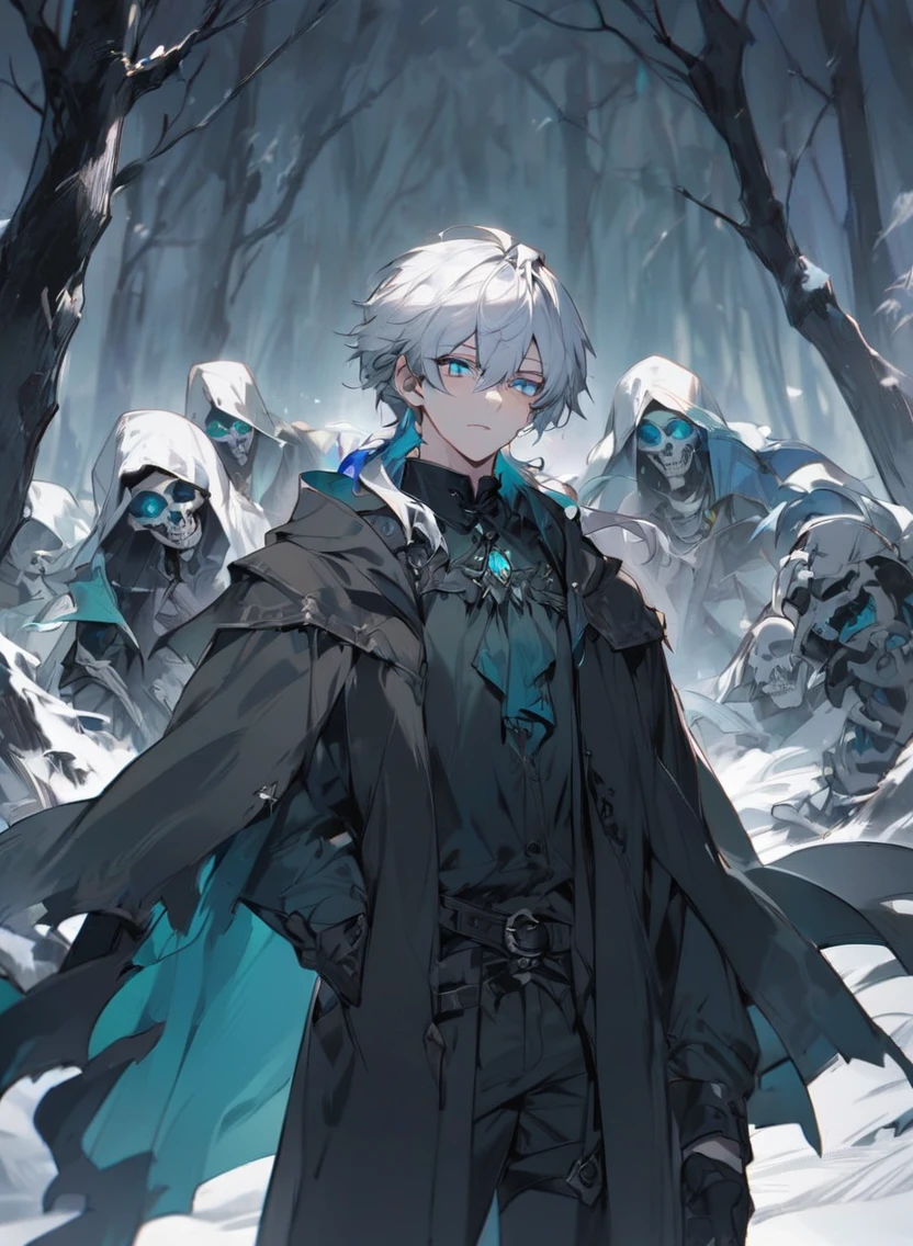 young man ,Male Dark, dark Woods, cold colors, man white hair with blue eye, Warlock dnd , Skeleton army in background