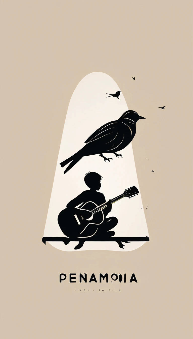 A minimal, modern, simple, cinematic logo design for the brand “Penamemoria". Create a modern, minimalistic, poetic, dreamy, storytelling high-quality, logo of a boy sitting and playing acoustic guitar to a bird. Make the most memorable, fantastic, poetic logo possible.