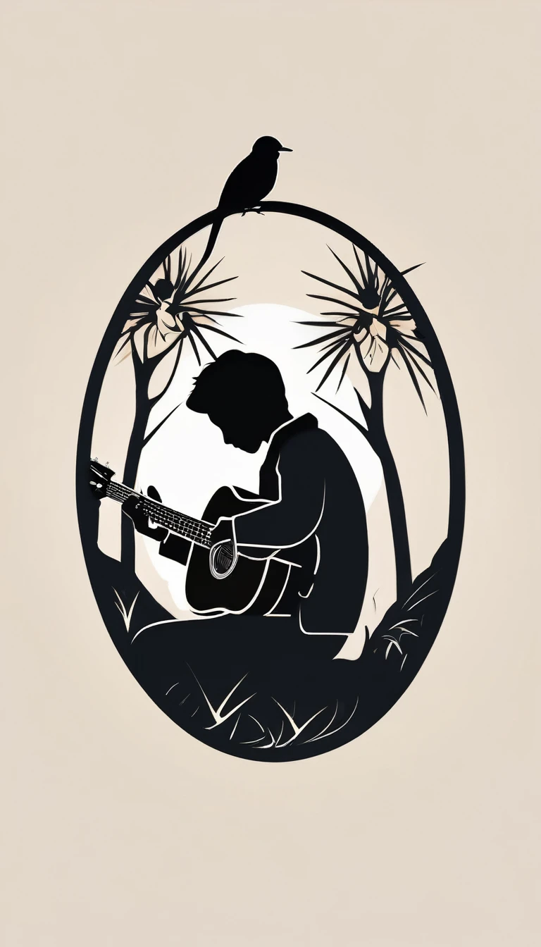 A minimal, modern, simple, cinematic logo design for the brand “Penamemoria". Create a modern, minimalistic, poetic, dreamy, storytelling high-quality, logo of a boy sitting and playing acoustic guitar to a bird. Make the most memorable, fantastic, poetic logo possible.