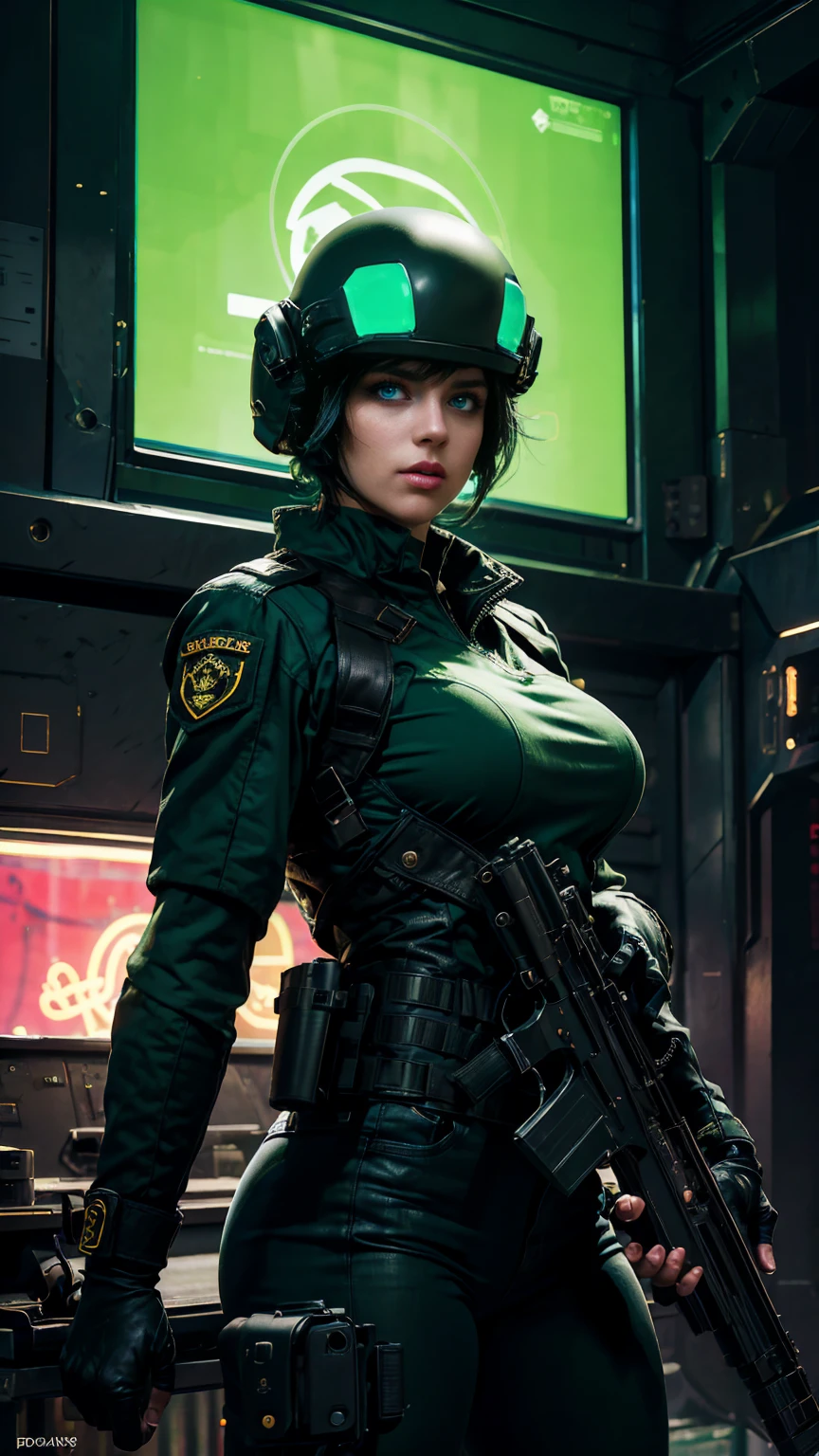 from bottom, low view shot, in the heart of a future army, a young beautiful woman with a soldier style haircut with a helmet, middle green middle black hair, sexy rebel army uniform, holding a big gun. in a military base, in an alien war, laser, guns, sensual pose, create an atmosphere of alien war, energy and neon lights. good quality eyes, cyan eyes, ultra detailed, beautiful and aesthetically pleasing, masterpiece, 4k, ray tracing, medium body, close-up, low view, particles and hard neon sparkles, focus on green and black color