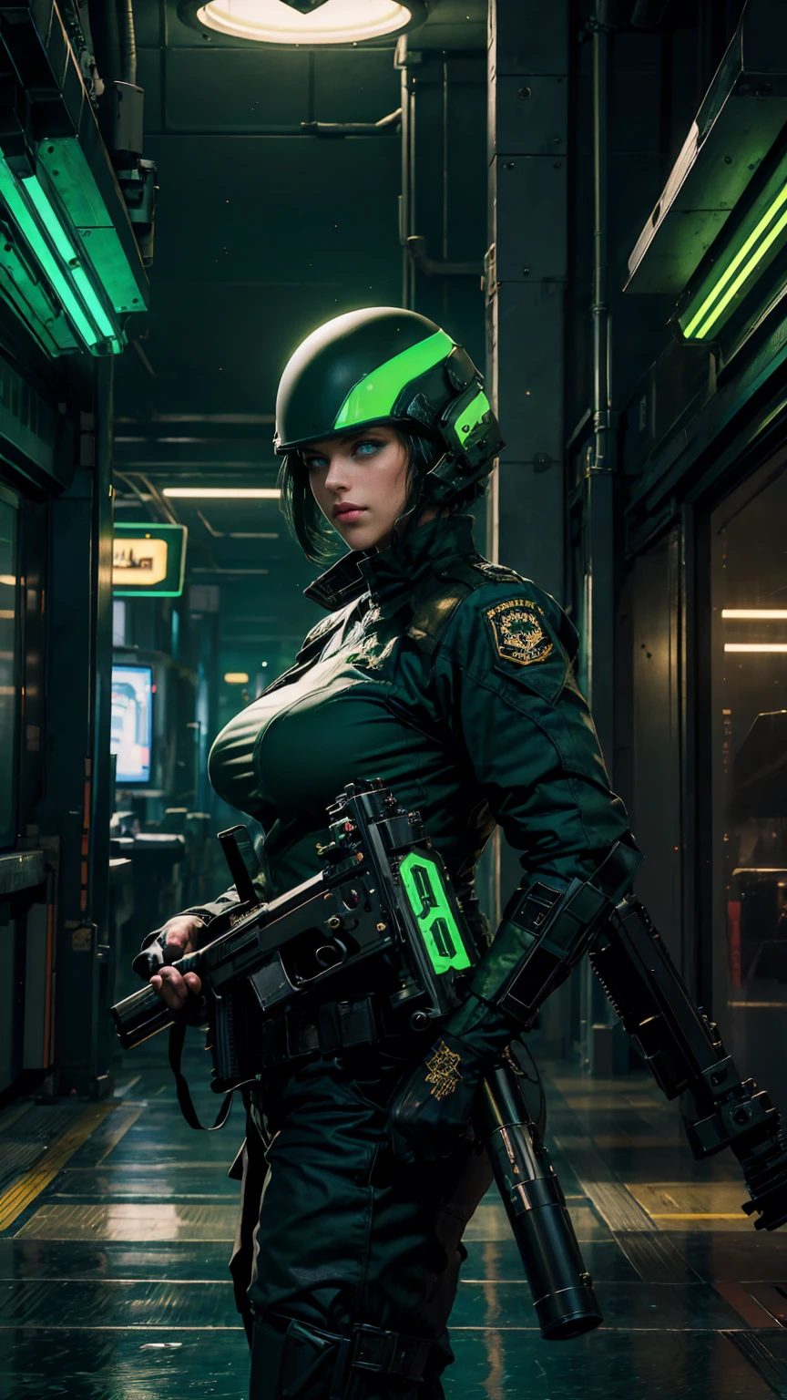 from bottom, low view shot, in the heart of a future army, a young beautiful woman with a soldier style haircut with a helmet, middle green middle black hair, sexy rebel army uniform, holding a big gun. in a military base, in an alien war, laser, guns, sensual pose, create an atmosphere of alien war, energy and neon lights. good quality eyes, cyan eyes, ultra detailed, beautiful and aesthetically pleasing, masterpiece, 4k, ray tracing, medium body, close-up, low view, particles and hard neon sparkles, focus on green and black color