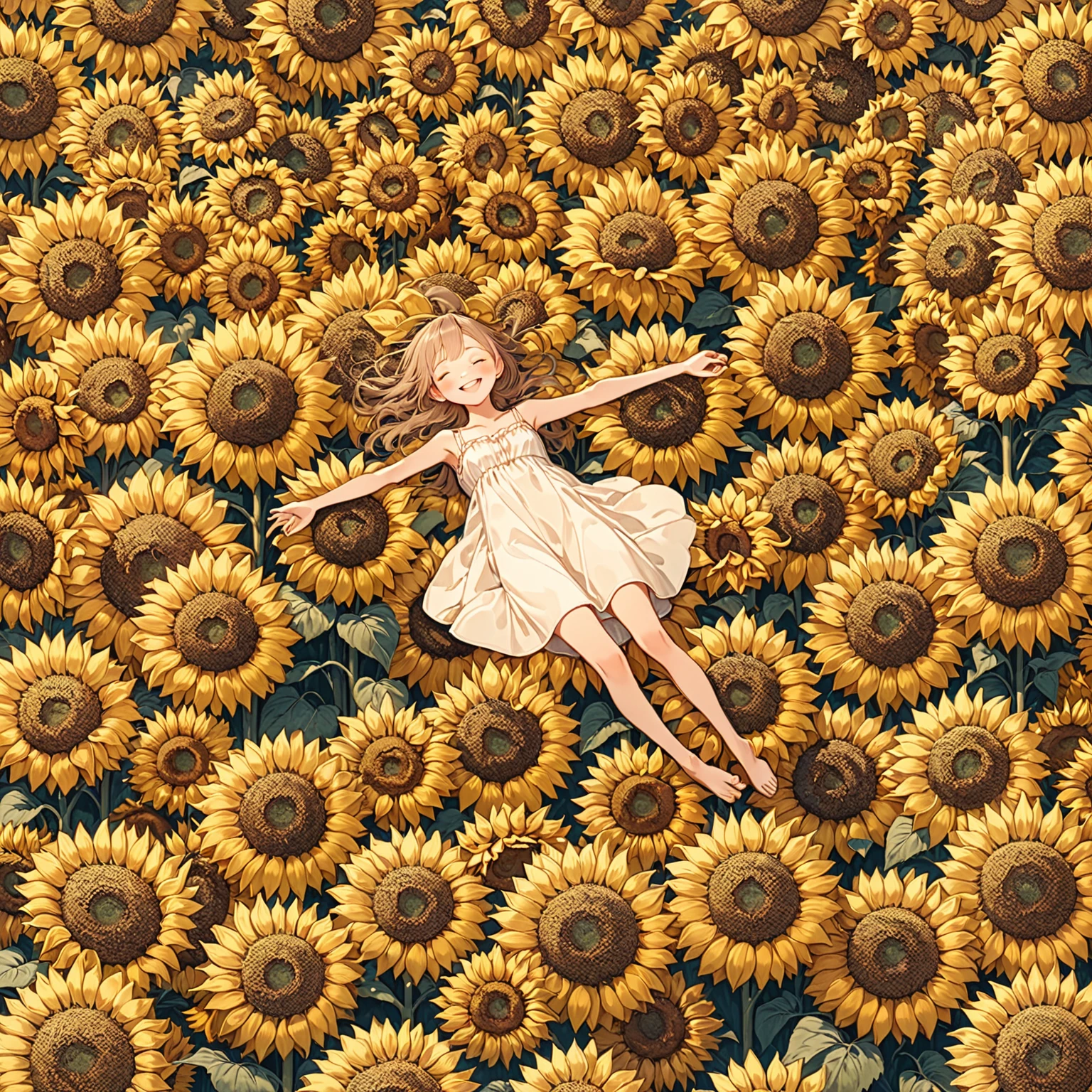 ultra-detailed illustration of a girl lying sprawled out on 100 sunflowers, a girl lying on her back with outstretched arms and legs, solo, from above, happy smile, closed eyes, cute sundress, full body, masterpiece, best quality, beautiful illustration, very aesthetic art