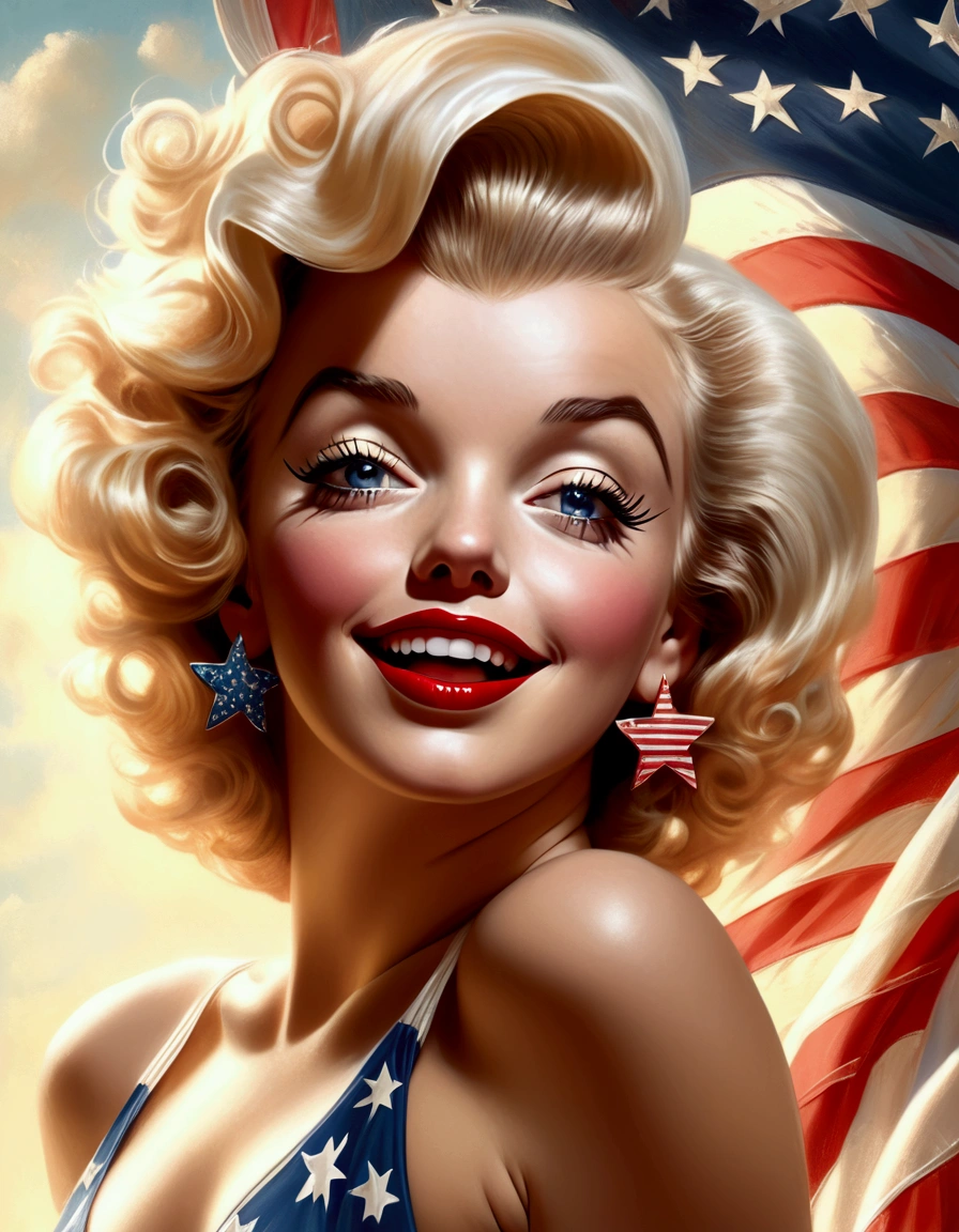 a young Marilyn Monroe,1950s style swimsuit with american flag motif,waving a small american flag,american flag in background,sultry joyous pose,beautiful detailed eyes,beautiful detailed lips,extremely detailed face and skin,long eyelashes,photorealistic,8k,high quality,realistic,vivid colors,studio lighting,professional portrait,glamorous,warm lighting