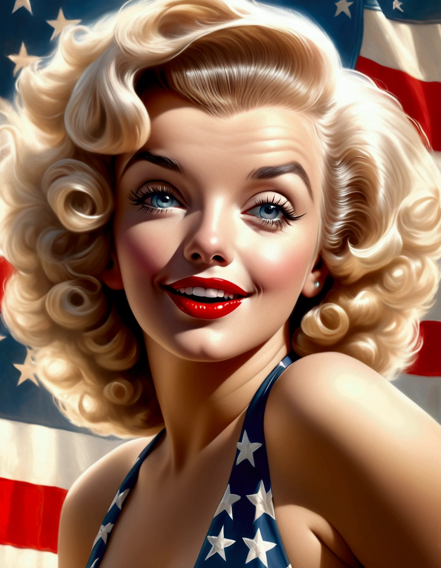 a young Marilyn Monroe,1950s style swimsuit with american flag motif,waving a small american flag,american flag in background,sultry joyous pose,beautiful detailed eyes,beautiful detailed lips,extremely detailed face and skin,long eyelashes,photorealistic,8k,high quality,realistic,vivid colors,studio lighting,professional portrait,glamorous,warm lighting