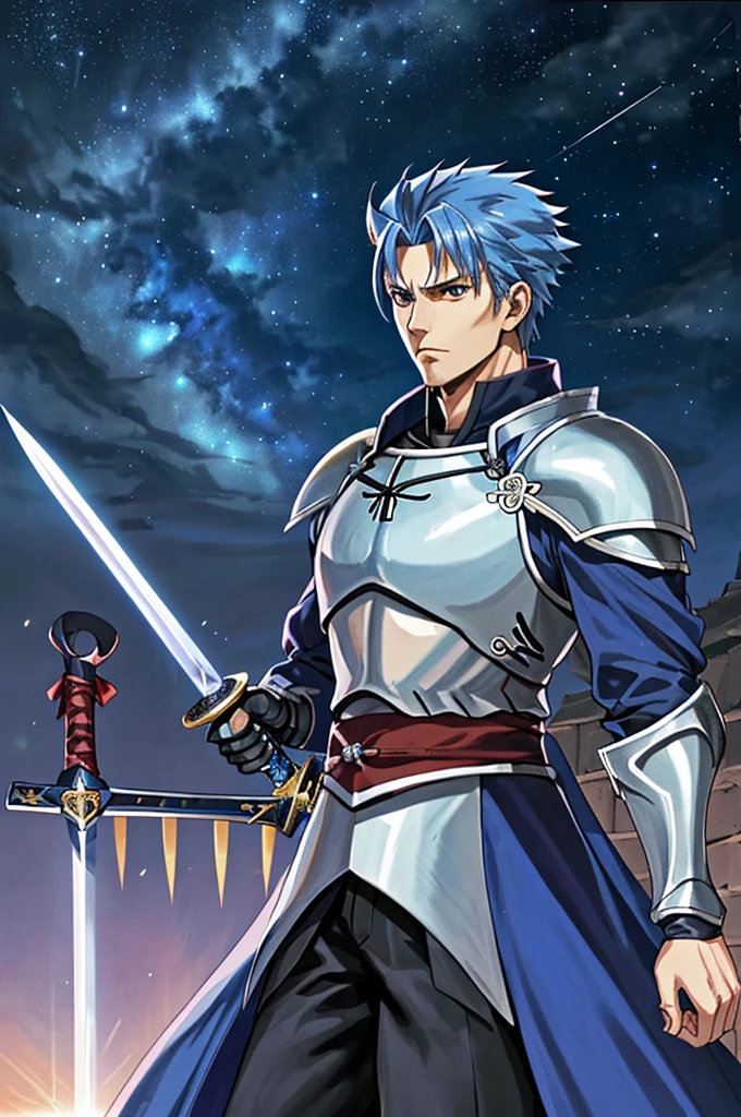 Highest quality,High resolution, ((Fate stay night)) ,(Lancer),One person,Lancers,spear,(blue_coat),male,One personで,Middle Age,strongest,Anime Style,(blue_Hair Color)(Night Sky_background),(Limbs),(Full Finger),(Accurate fingertips), (The finer details), (Super detailed),(Japanese sword:),4K,(high resolution),whole body, (Front angle), Looking at the camera,masterpiece,(Subtle details),(Intricate details),Octane Rendering,(Hyper Detail),