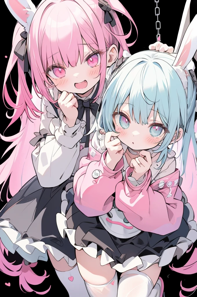 RAW Photos, Realistic, Ultra-realistic, cute anime girl, pastel goth, bunny ears, bright pink and mint green mesh hair, white harajuku gothloli outfit, pink accessories, angel halo, holding chains, striped stockings, kawaii horror, vibrant colors, detailed vector art, playful and creepy, speech bubbles, organized chaos, Highest quality, masterpiece, Ultra-high resolution, 8K
