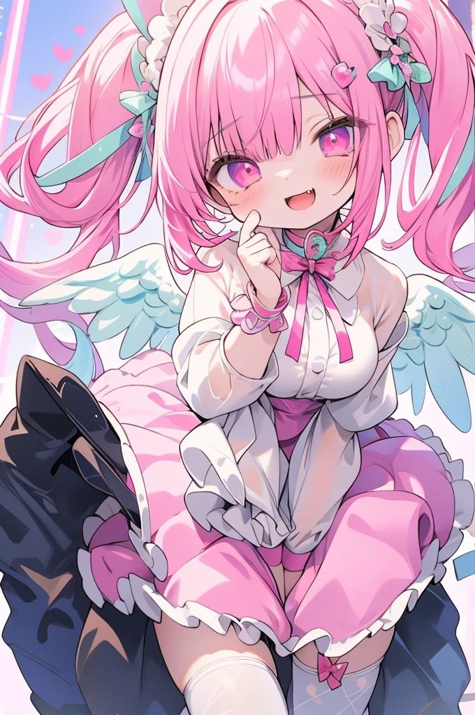 RAW Photos, Realistic, Ultra-realistic, cute anime girl, pastel goth, bunny ears, bright pink and mint green mesh hair, white harajuku gothloli outfit, pink accessories, angel halo, holding chains, striped stockings, kawaii horror, vibrant colors, detailed vector art, playful and creepy, speech bubbles, organized chaos, Highest quality, masterpiece, Ultra-high resolution, 8K