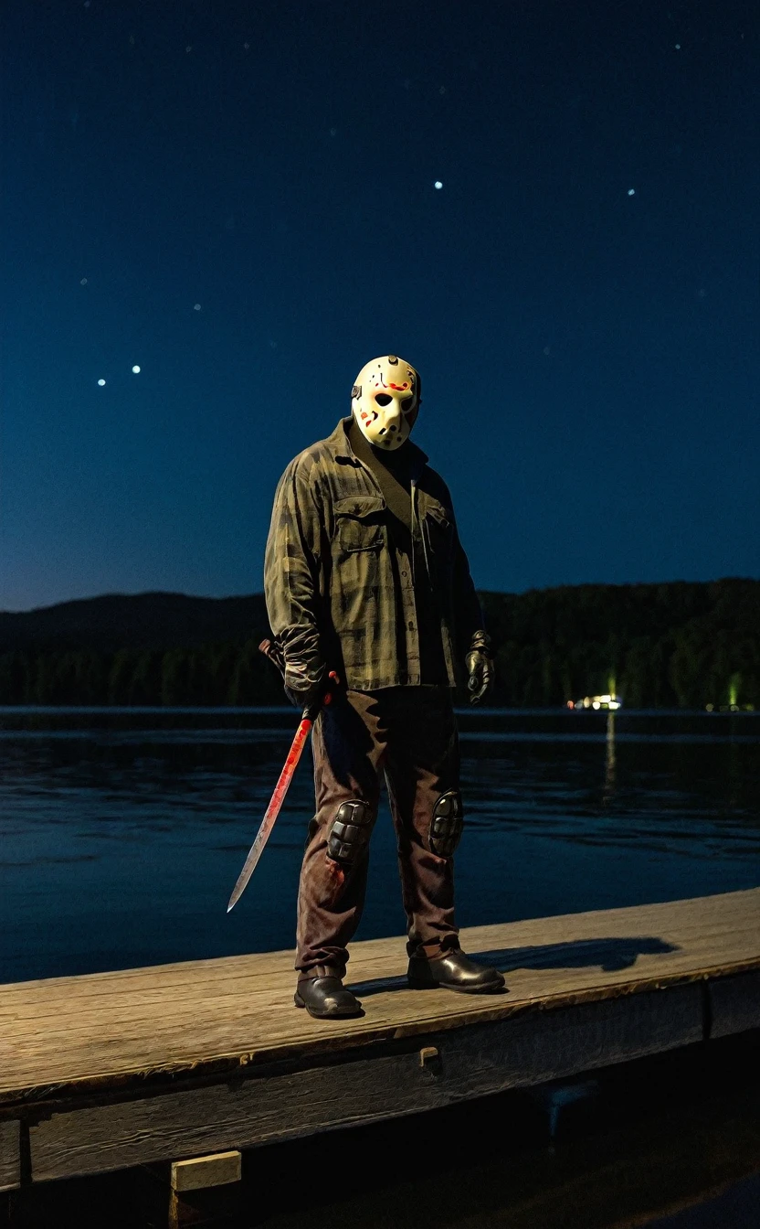 Jason Voorhees on a lake pier at night