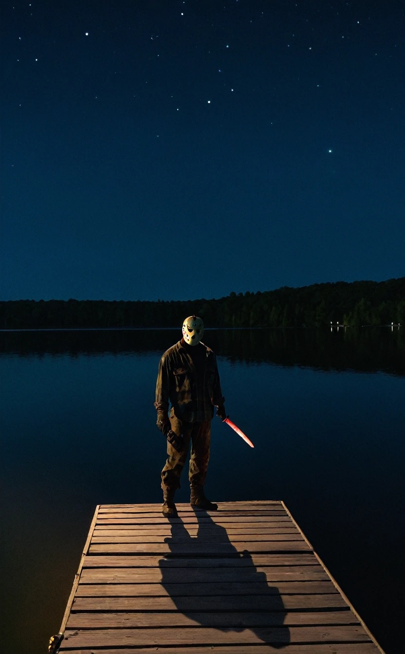 Jason Voorhees on a lake pier at night