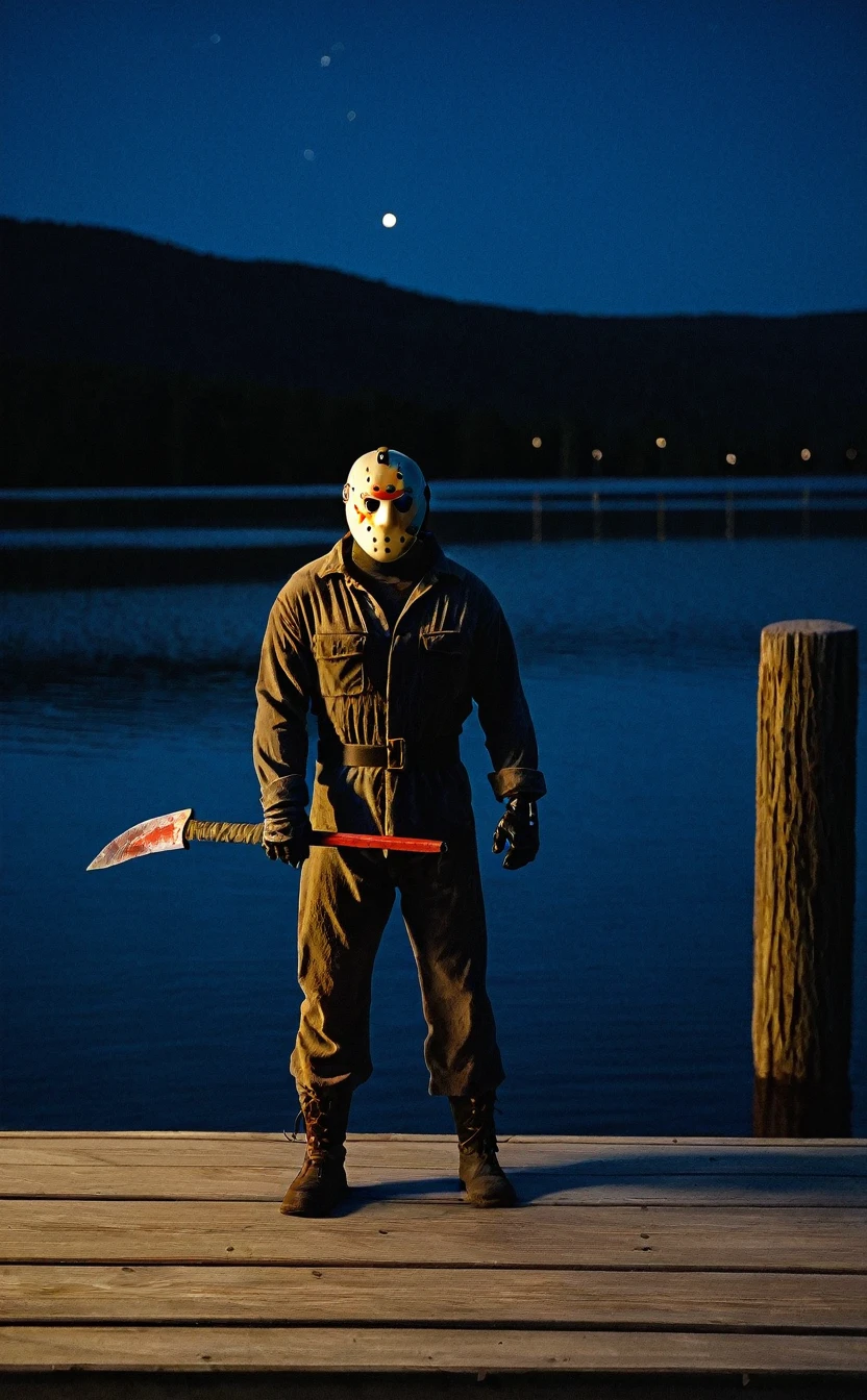 Jason Voorhees on a lake pier at night