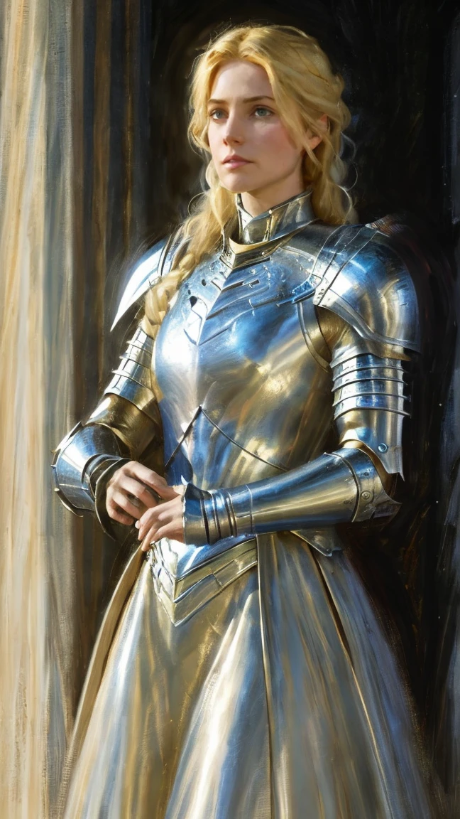 A beautiful blonde woman in shining knight armor, extremely detailed face, piercing eyes, full lips, long eyelashes, intricate armor details, medieval fantasy, cinematic lighting, dramatic shadows, digital painting, 8k, photorealistic, masterpiece, dynamic, floral surroundings, calm expression, painting, detailed eyes, flowers, serene