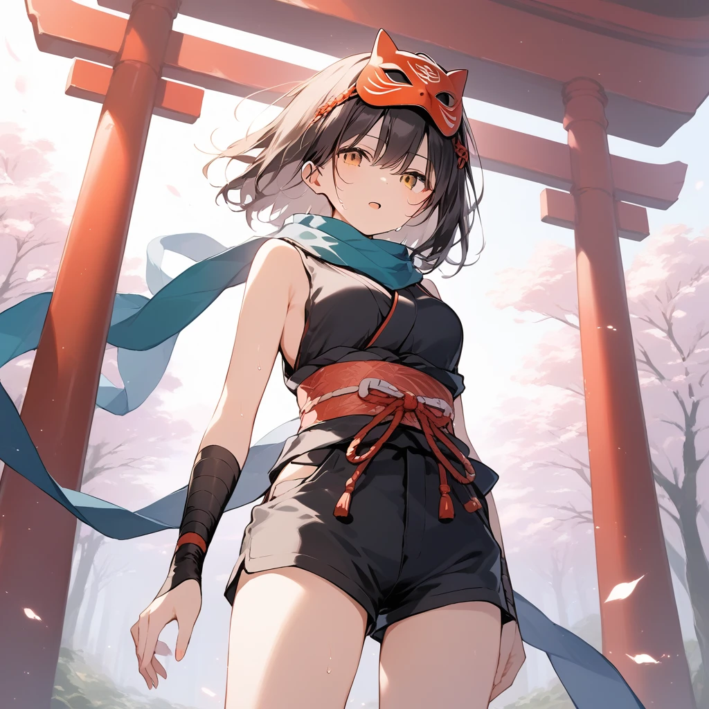 score_9, score_8_up, score_7_up, source_anime, best quality, masterpiece, official art, absurdres, highres, ultra-detailed,waifu2x,Collection: Slice of Life,break,1girl, ninja, noh mask, mask on head, short hair, breasts, beautiful detailed eyes, byke shorts, scarf, sweat, open mouth, expressionless, ninja stance, outdoors, on torii,  wind,break,(clear line illustration:1.2), super detailed skin,very high resolution, very aesthetic, Best sexual lighting powered by famous artist, 8k,cute picture,beauty illustration,photoshop_(medium),,(Detailed Lighting),best anime 8k konachan wallpaper, pixiv contest winner, 