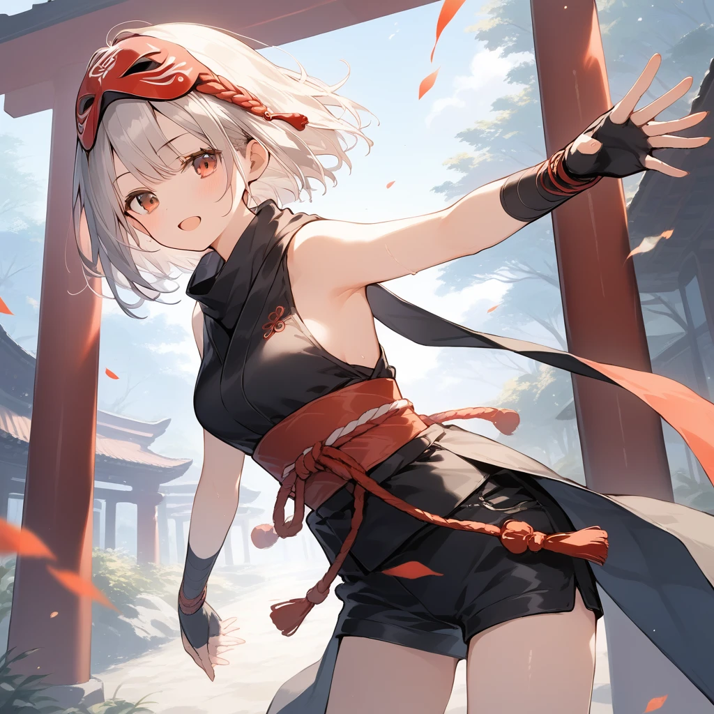 score_9, score_8_up, score_7_up, source_anime, best quality, masterpiece, official art, absurdres, highres, ultra-detailed,waifu2x,Collection: Slice of Life,break,1girl, ninja, noh mask, mask on head, short hair, breasts, beautiful detailed eyes, byke shorts, scarf, sweat, open mouth, expressionless, ninja stance, outdoors, on torii, wind,break,(clear line illustration:1.2), super detailed skin,very high resolution, very aesthetic, Best sexual lighting powered by famous artist, 8k,cute picture,beauty illustration,photoshop_(medium),,(Detailed Lighting),best anime 8k konachan wallpaper, pixiv contest winner,