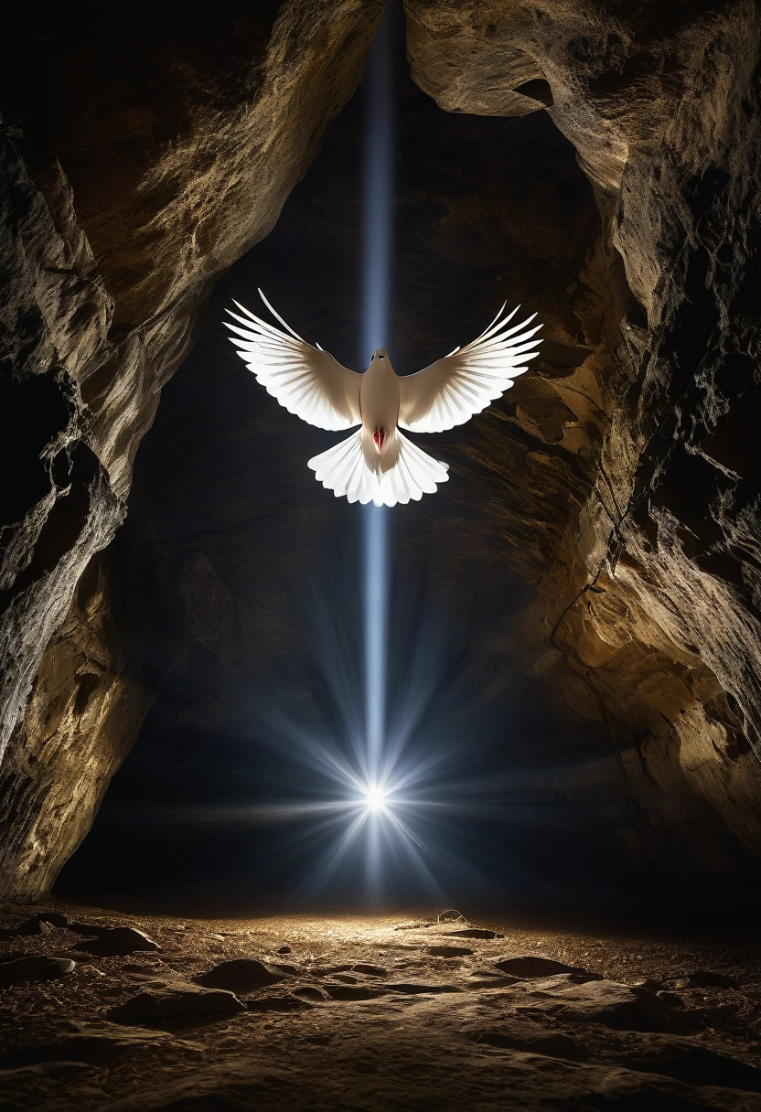 "An ethereal scene featuring a dark cavern illuminated by a single beam of light shining from above. In the center of the light beam, a white dove are gracefully flying upwards, symbolizing freedom and peace. At the base of the light, broken chains and shackles lie on the ground, suggesting liberation from captivity. The surrounding cave walls are rugged and dark, contrasting with the serene and hopeful ambiance created by the light and doves."