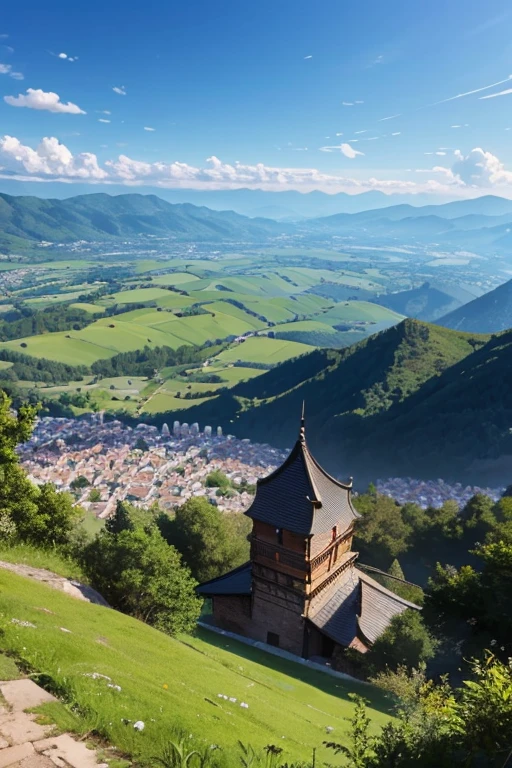 View from the top of the mountain。In front of meadow。A medieval European town in the distance。