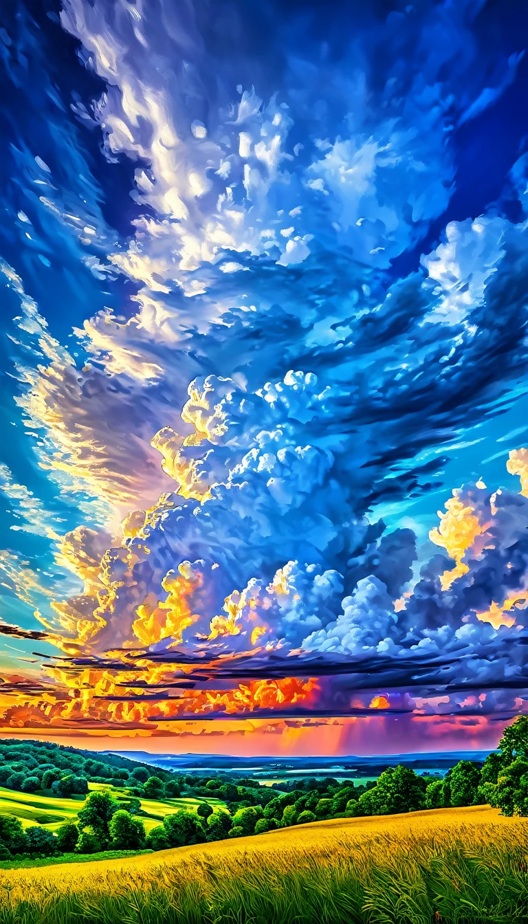 Summer sky (Painterly style), Realistic, highly Realistic, Attention to detail, breathtakingly Realistic, High contrast realism, High Saturation Realism, Vibrant colors, Dramatic lighting, Charming landscape, Persuasive storytelling, Atmospheric scenery, Captivating visuals, Intricate details, Strong emotions, Heavenly beauty, A dreamlike world