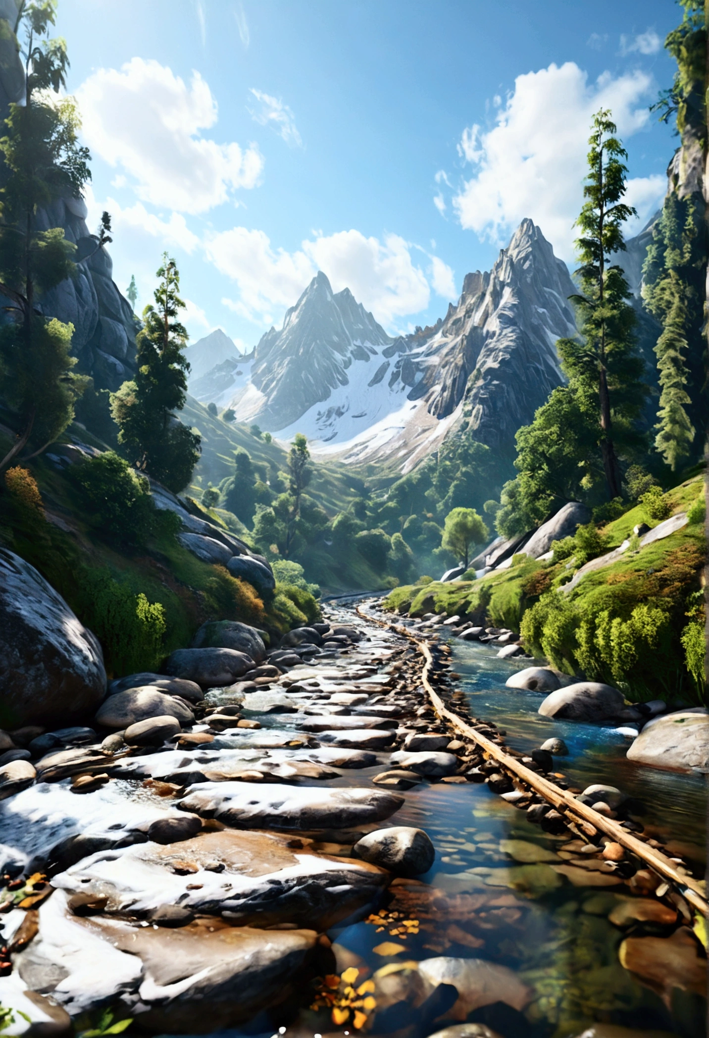 hiking track- mountains- nature- river- ultrarealistic 8D