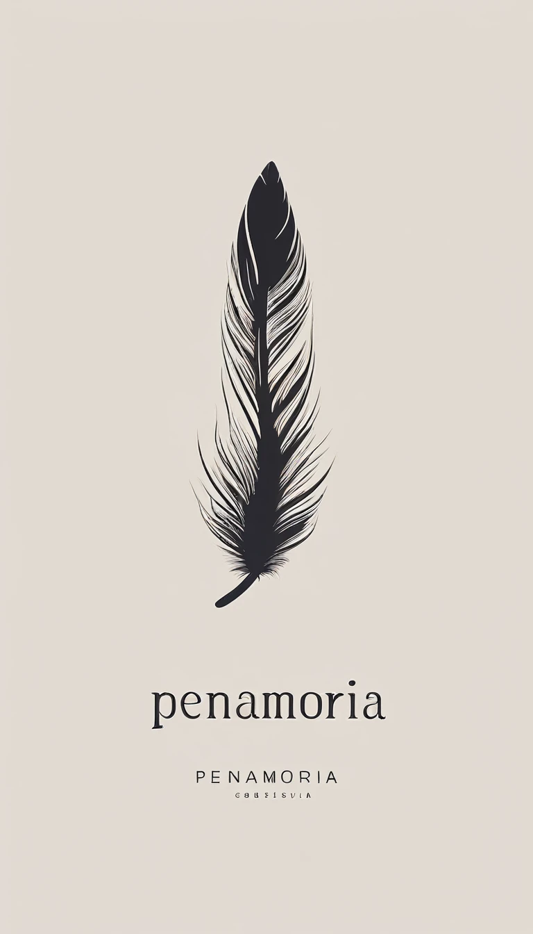 A minimal, high quality, modern, simple, cinematic symbol design for the brand “Penamemoria". The logotype must be a simple, magical feather and a boy sitting and playing acoustic guitar. The logo must convey a sense of music, stories and dreams. Logo design impressed on a book cover. Minimalistic logo