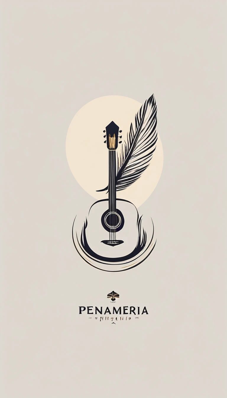 A minimal, high quality, modern, simple, cinematic symbol design for the brand “Penamemoria". The logotype must be a simple, magical feather and a boy sitting and playing acoustic guitar. The logo must convey a sense of music, stories and dreams. Logo design impressed on a book cover. Minimalistic logo
