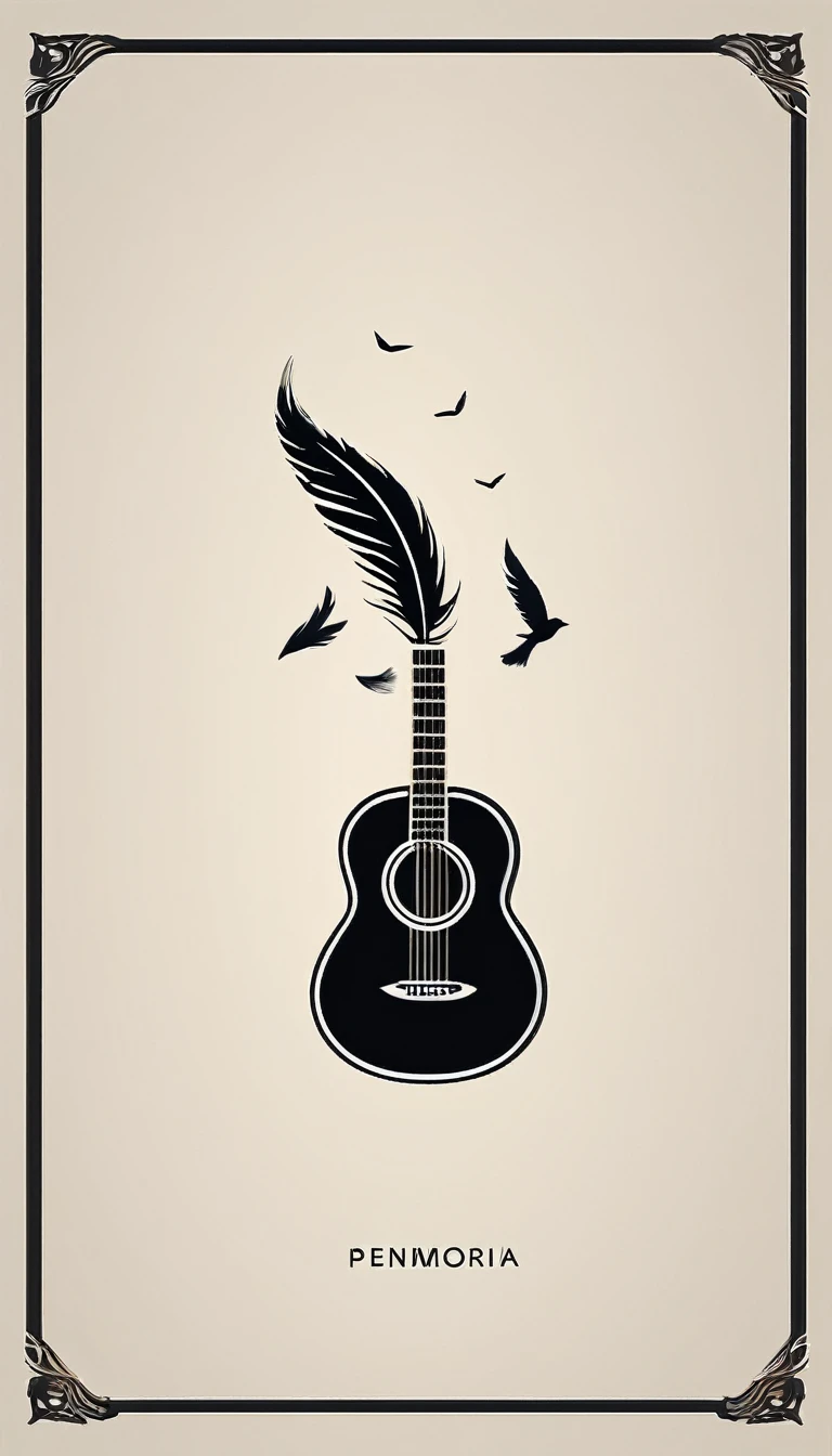 A minimal, high quality, modern, simple, cinematic symbol design for the brand “Penamemoria". The logotype must be a simple, magical feather and a boy sitting and playing acoustic guitar. The logo must convey a sense of music, stories and dreams. Logo design impressed on a book cover. Minimalistic logo