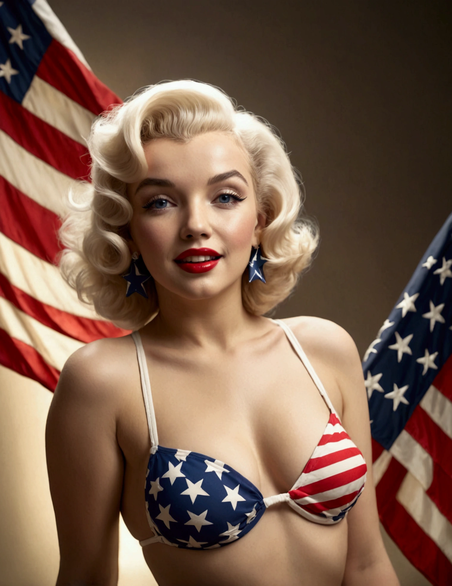 a young Marilyn Monroe,1950s style swimsuit with american flag motif,waving a small american flag,american flag in background,sultry joyous pose,beautiful detailed eyes,beautiful detailed lips,extremely detailed face and skin,long eyelashes,photorealistic,8k,high quality,realistic,vivid colors,studio lighting,professional portrait,glamorous,warm lighting